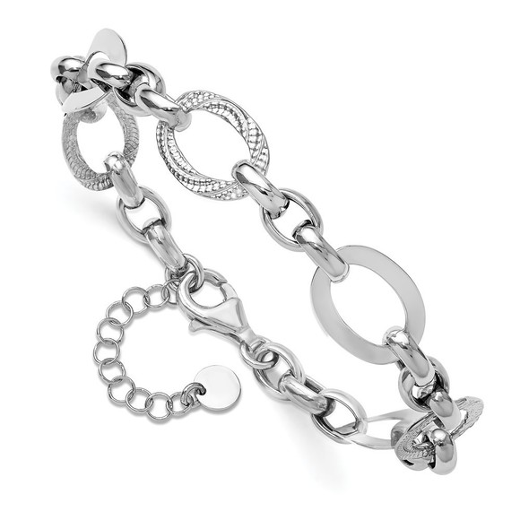 925 Sterling Silver RH-plat Polish/Textured Fancy Link w/1.25in ext. Bracelet